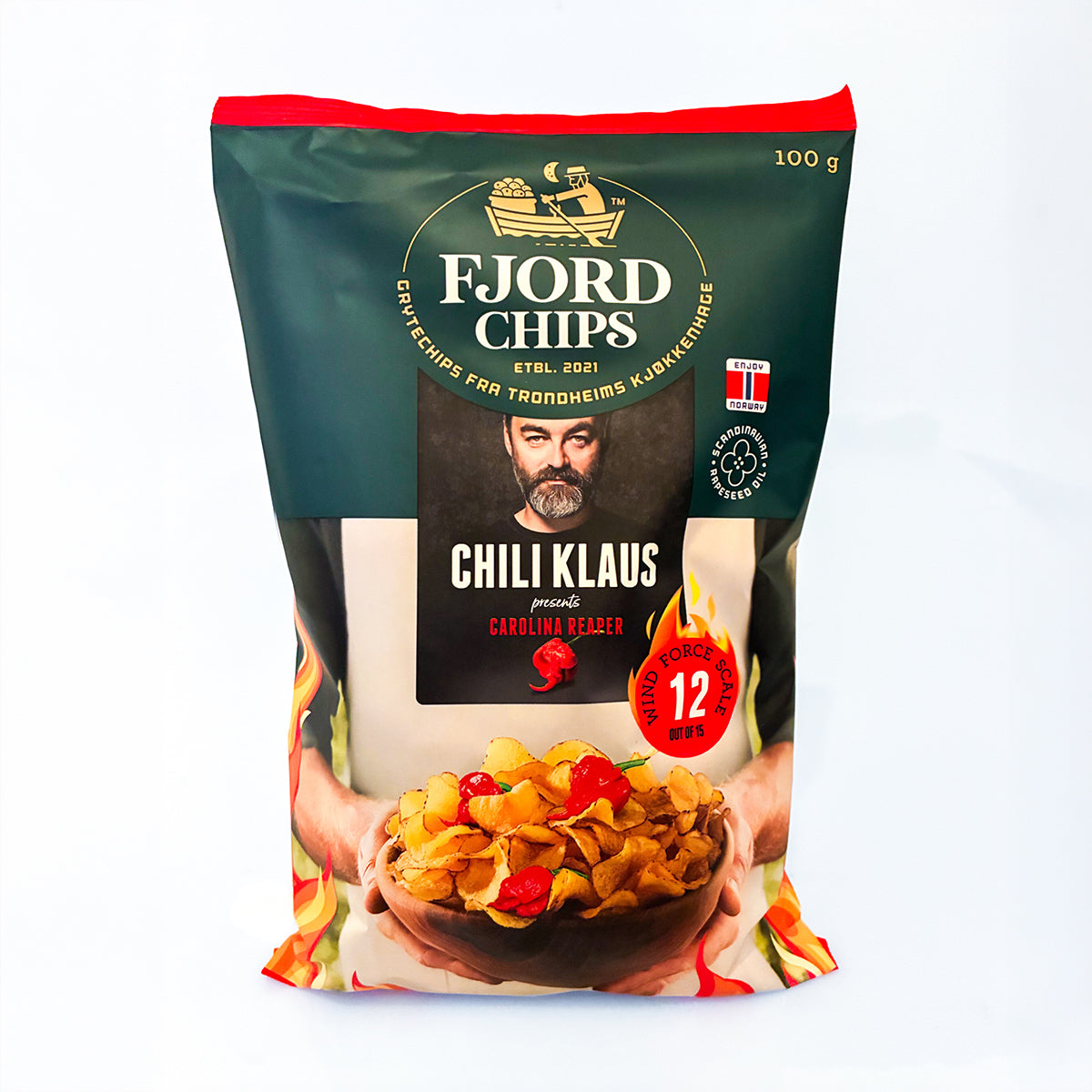 Chili Klaus x FjordChips Carolina Reaper Chips 100 g pose
