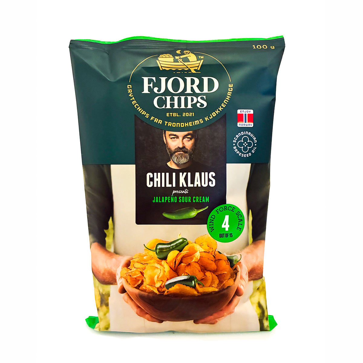 Chili Klaus x FjordChips Jalapeño Sour Cream Chips 100 g pose